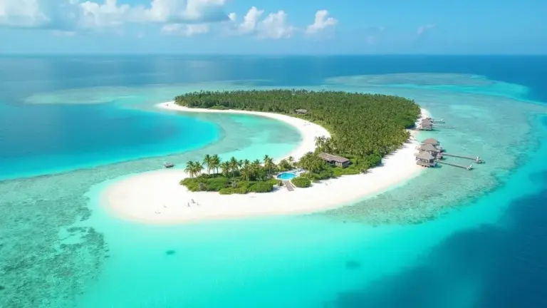 Tropical luxury beach resort surrounded by turquoise ocean
