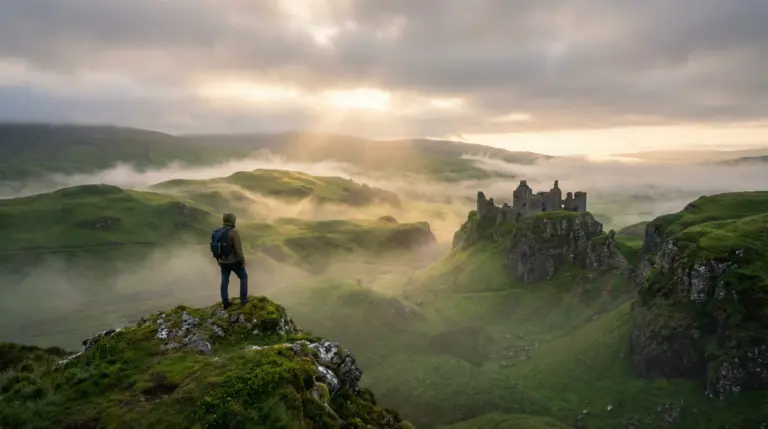 A lone traveler stands on a rocky hillside overlooking the misty Scottish Highlands