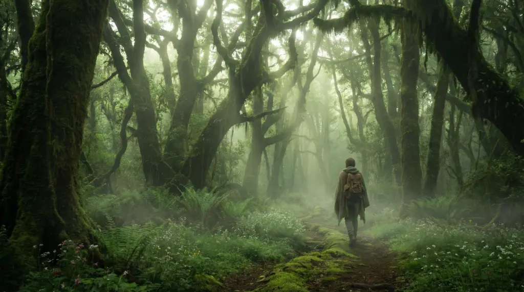 A lone traveler walks down a magical enchanted forest path lined with ancient twisted trees covered in thick green moss and wildflowers