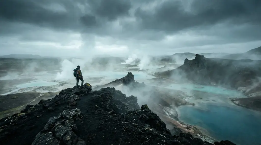 A traveler stands on a rocky volcanic outcrop overlooking an otherworldly Iceland geothermal landscape