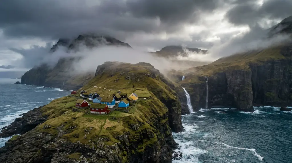 Dramatic aerial view of the Faroe Islands featuring traditional grass-roofed colorful wooden houses