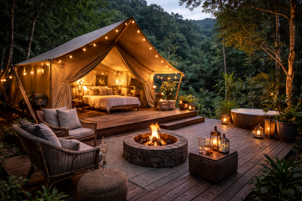 Eco-luxury glamping retreat at twilight