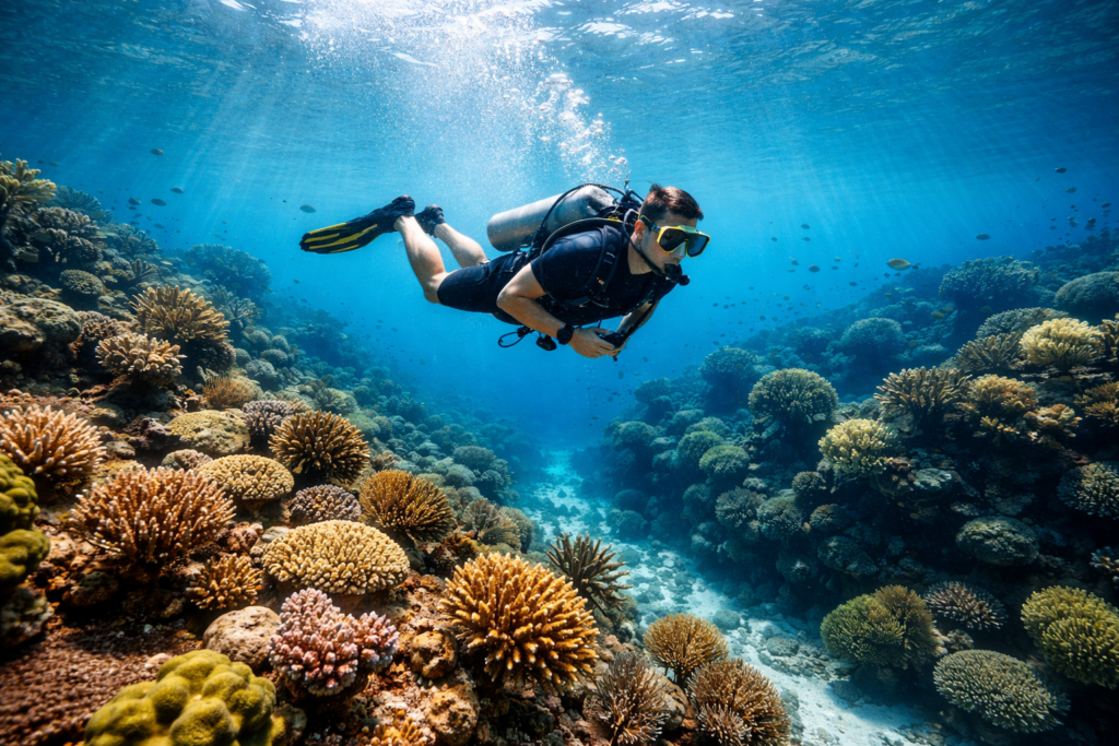 Scuba diver exploring vibrant coral reef