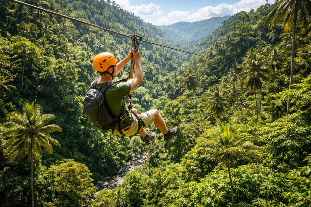 Zip-lining above the tropical jungle