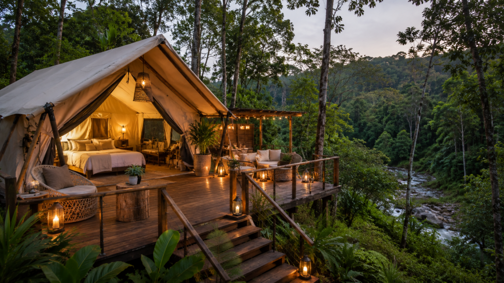 Eco-luxury glamping resort surrounded by forest and nature during a wellness vacation