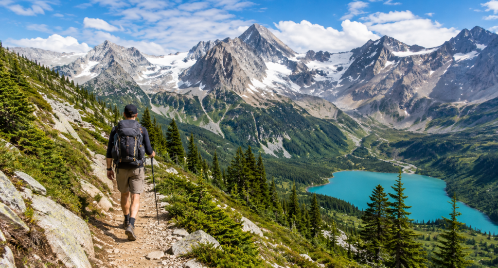 Hiker exploring a scenic mountain trail during an adventure travel vacation
