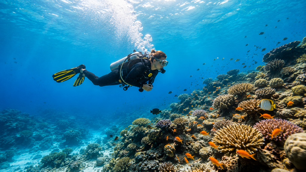 Scuba diver exploring crystal clear tropical waters and colorful coral reefs