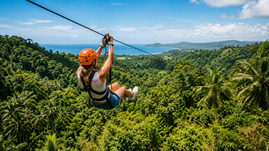Traveler zip-lining above a tropical jungle canopy during an adventure vacation