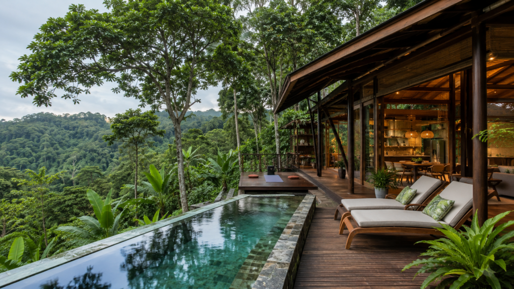 Eco-luxury lodge surrounded by Costa Rica rainforest during a sustainable wellness travel vacation