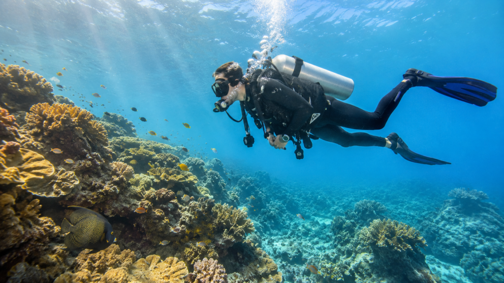 Scuba diver exploring clear tropical waters and colorful coral reefs during a Costa Rica adventure vacation