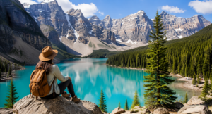 Traveler enjoying a cool mountain lake destination during summer escape vacation