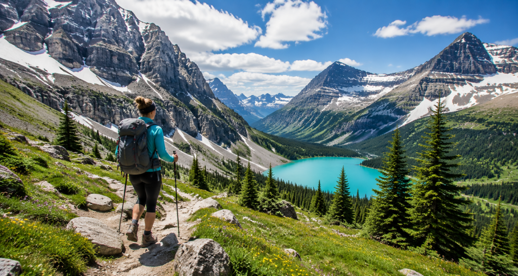 Traveler hiking through alpine mountains during cool summer adventure trip