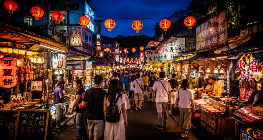 Colorful Asian night market with lanterns and local food during evening travel