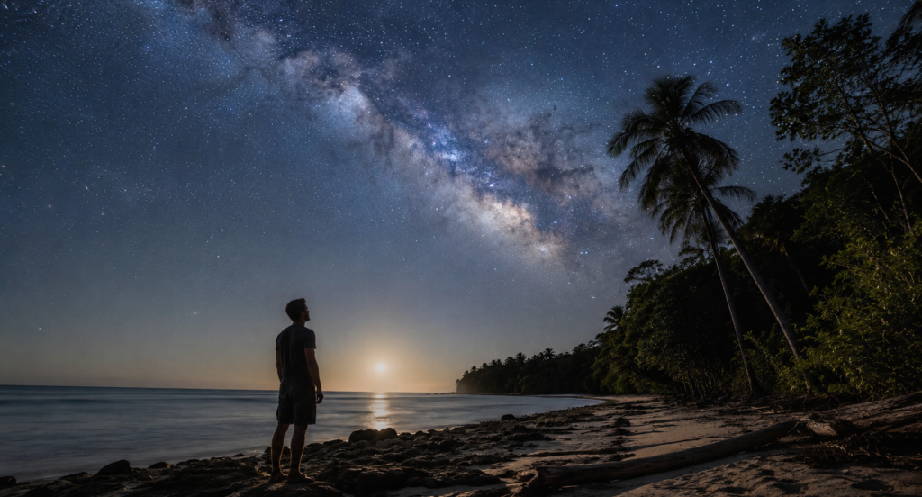Traveler stargazing beside a tropical coastline during a noctourism adventure
