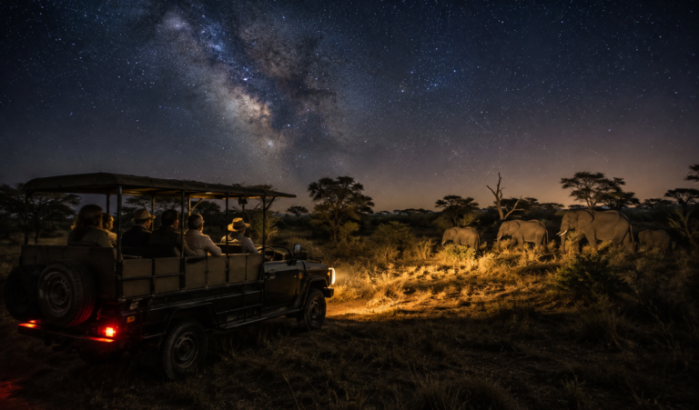 Travelers observing wildlife on a guided night safari under a star-filled sky