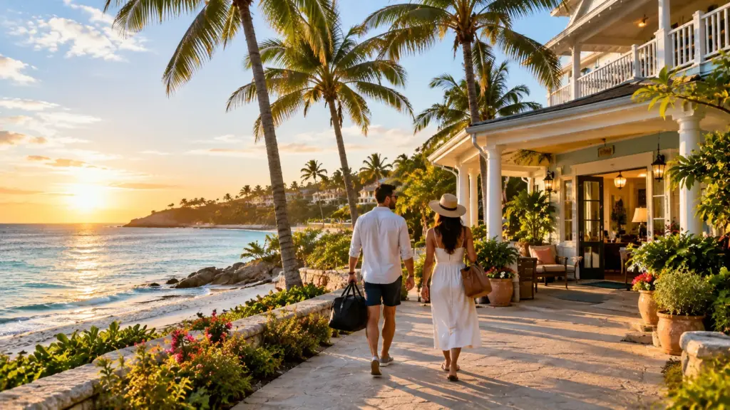Couple arriving at a seaside boutique inn for a one-night getaway at sunset
