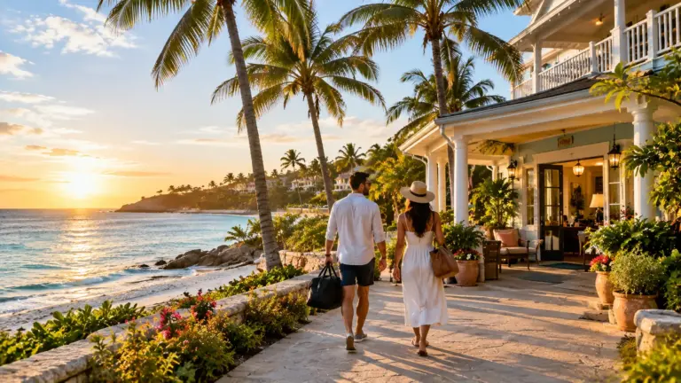 Couple arriving at a seaside boutique inn for a one-night getaway at sunset